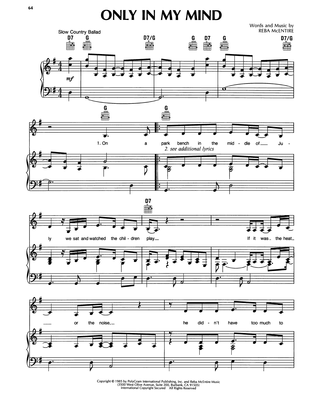 Reba McEntire Only In My Mind Sheet Music Notes & Chords for Piano, Vocal & Guitar Chords (Right-Hand Melody) - Download or Print PDF Reba McEntire Only In My Mind Sheet Music Notes & Chords for Piano, Vocal & Guitar Chords (Right-Hand Melody) - Download or Print PDF