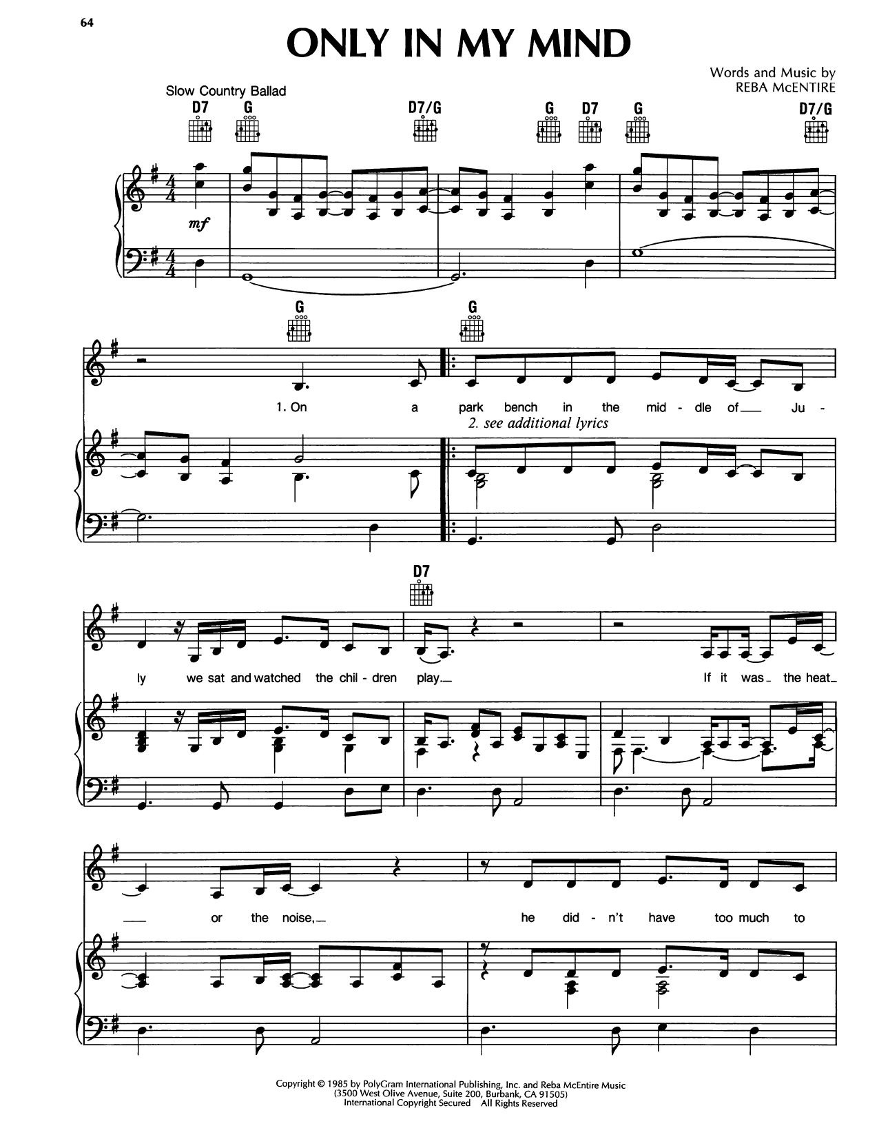 Reba McEntire Only In My Mind Sheet Music Notes & Chords for Piano, Vocal & Guitar Chords (Right-Hand Melody) - Download or Print PDF