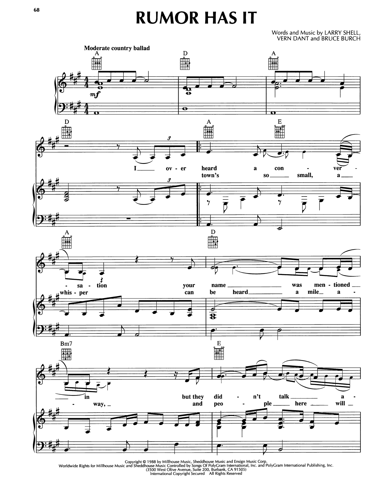Reba McEntire Rumor Has It Sheet Music Notes & Chords for Piano, Vocal & Guitar Chords (Right-Hand Melody) - Download or Print PDF