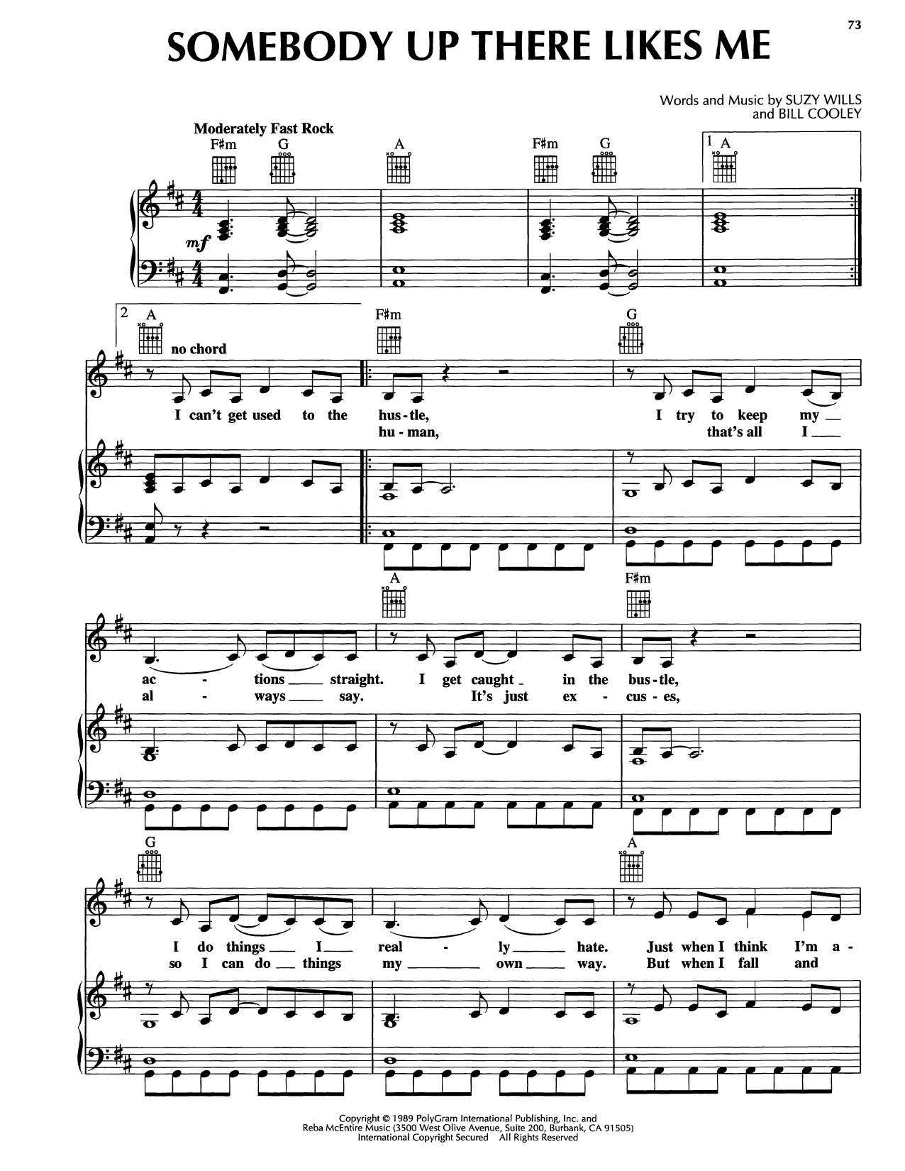 Reba McEntire Somebody Up There Likes Me Sheet Music Notes & Chords for Piano, Vocal & Guitar Chords (Right-Hand Melody) - Download or Print PDF