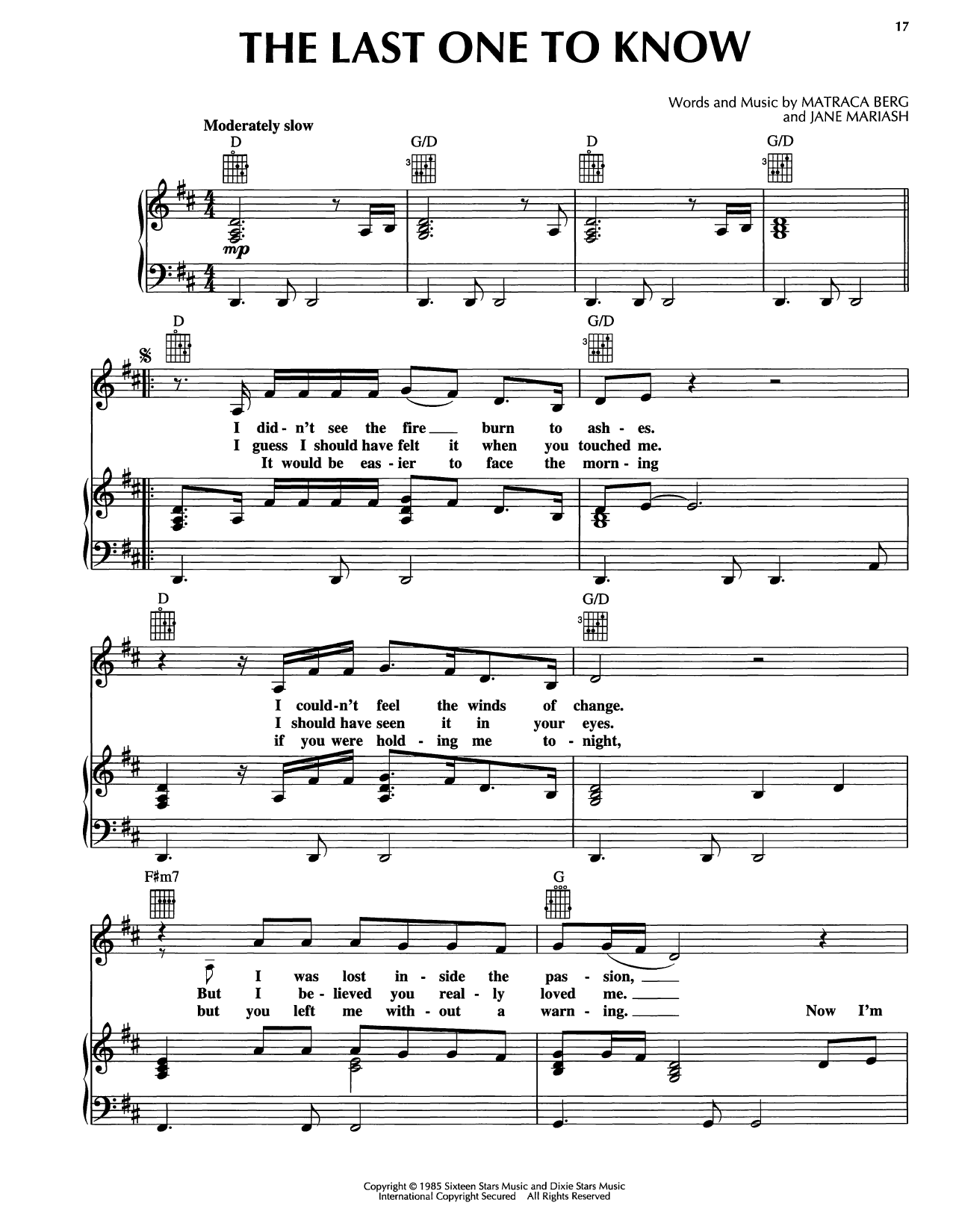 Reba McEntire The Last One To Know Sheet Music Notes & Chords for Piano, Vocal & Guitar Chords (Right-Hand Melody) - Download or Print PDF