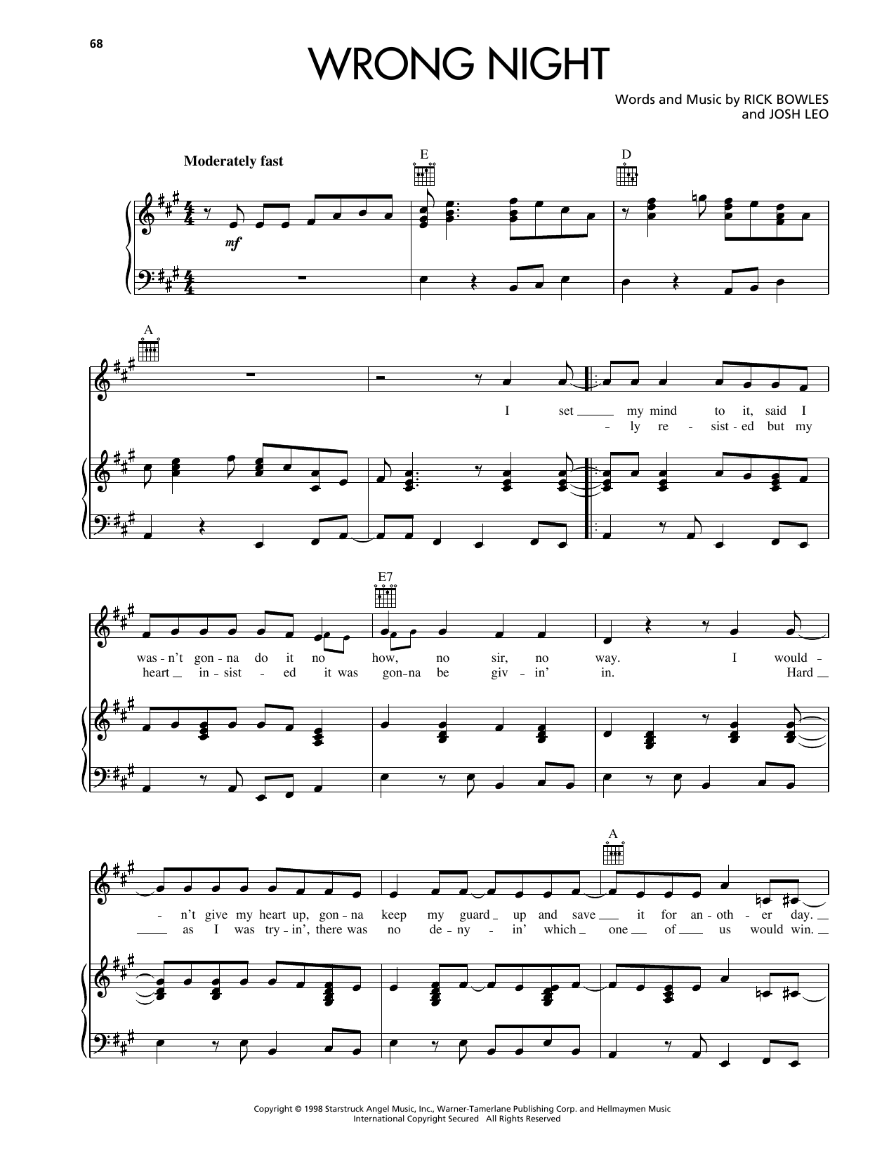 Reba McEntire Wrong Night Sheet Music Notes & Chords for Piano, Vocal & Guitar Chords (Right-Hand Melody) - Download or Print PDF Reba McEntire Wrong Night Sheet Music Notes & Chords for Piano, Vocal & Guitar Chords (Right-Hand Melody) - Download or Print PDF