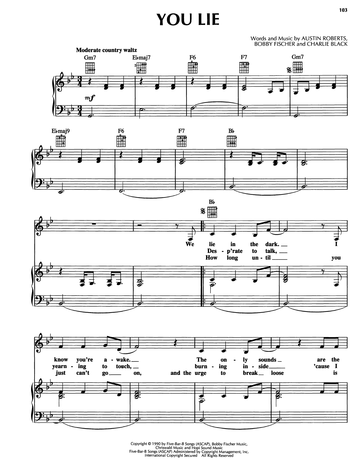 Reba McEntire You Lie Sheet Music Notes & Chords for Piano, Vocal & Guitar Chords (Right-Hand Melody) - Download or Print PDF