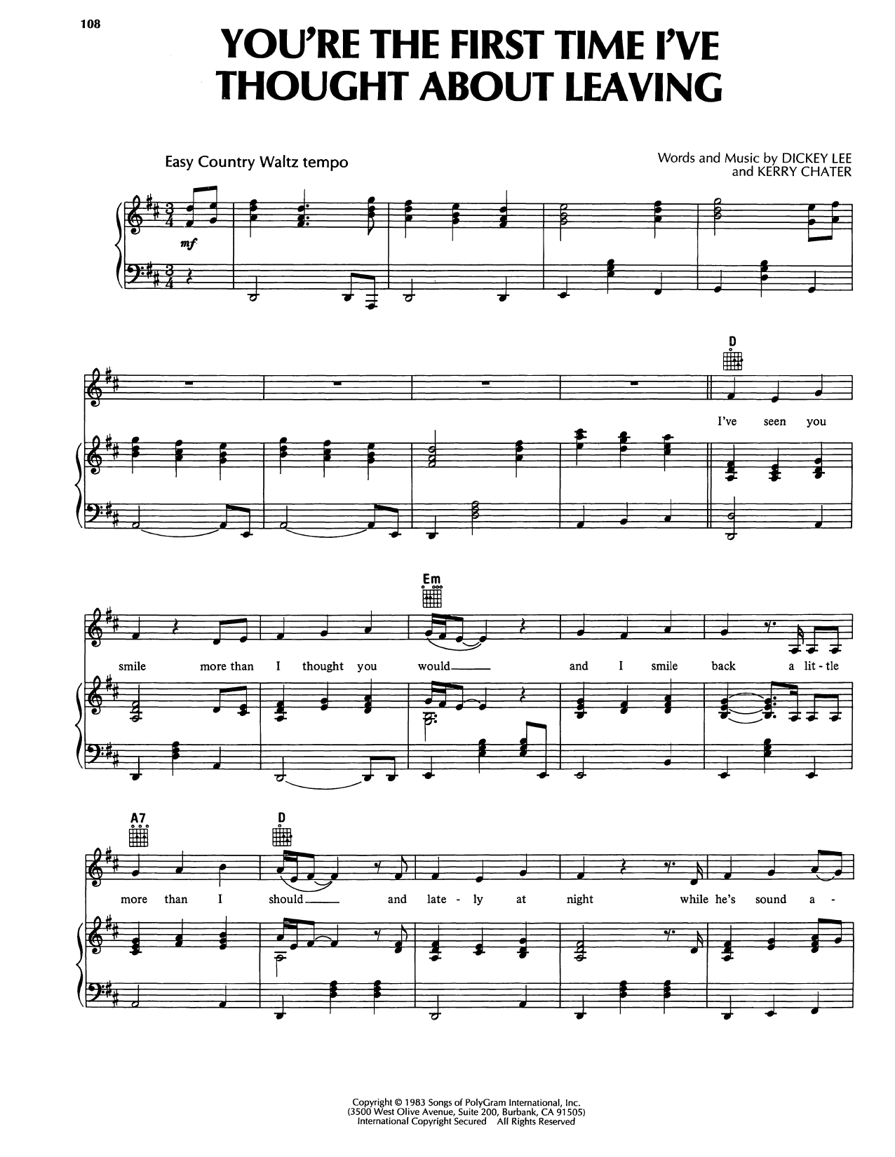 Reba McEntire You're The First Time I've Thought About Leaving Sheet Music Notes & Chords for Piano, Vocal & Guitar Chords (Right-Hand Melody) - Download or Print PDF