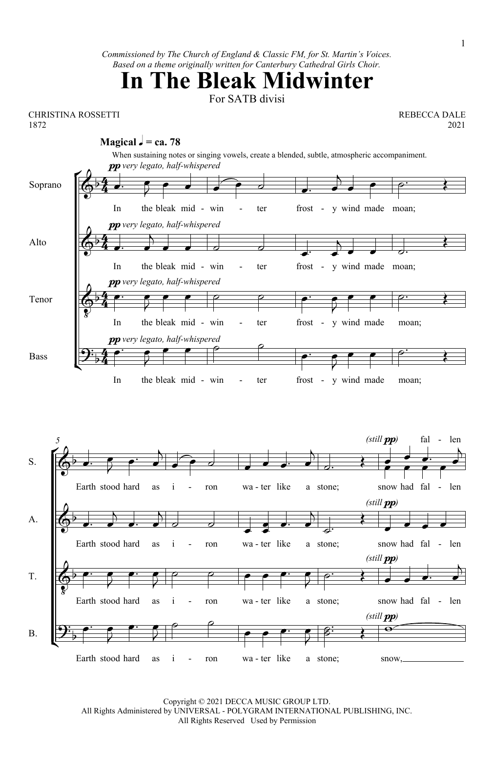 Rebecca Dale In The Bleak Midwinter Sheet Music Notes & Chords for SATB Choir - Download or Print PDF