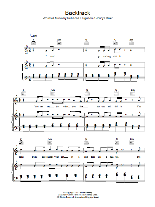 Rebecca Ferguson Backtrack Sheet Music Notes & Chords for Piano, Vocal & Guitar (Right-Hand Melody) - Download or Print PDF