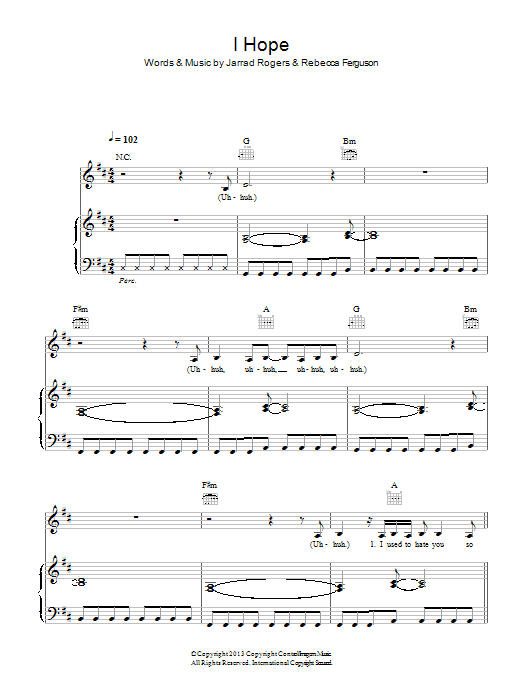 Rebecca Ferguson I Hope Sheet Music Notes & Chords for Piano, Vocal & Guitar (Right-Hand Melody) - Download or Print PDF