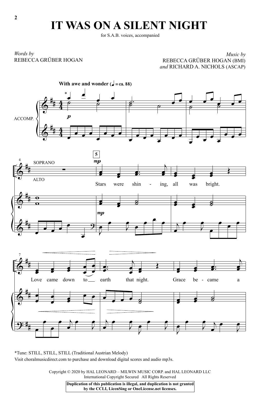 Rebecca Gruber Hogan and Richard A. Nichols It Was On A Silent Night Sheet Music Notes & Chords for SAB Choir - Download or Print PDF