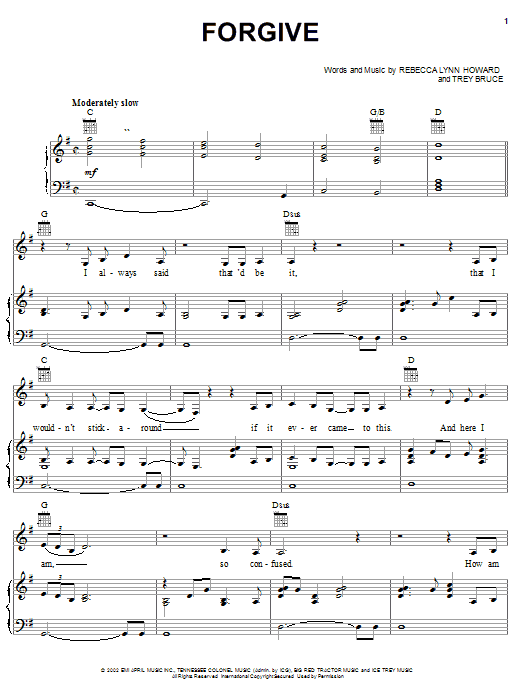 Rebecca Lynn Howard Forgive Sheet Music Notes & Chords for Piano, Vocal & Guitar (Right-Hand Melody) - Download or Print PDF