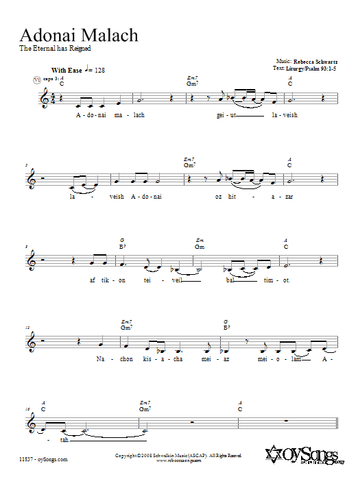 Rebecca Schwartz Adonai Malach Sheet Music Notes & Chords for Melody Line, Lyrics & Chords - Download or Print PDF