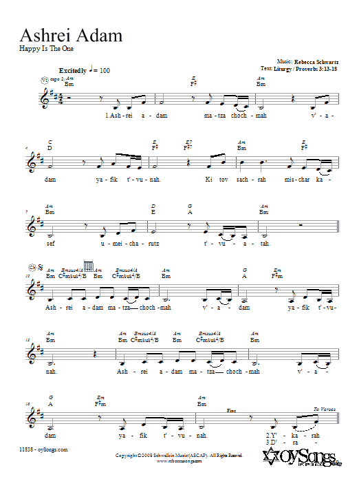 Rebecca Schwartz Ashrei Adam Sheet Music Notes & Chords for Melody Line, Lyrics & Chords - Download or Print PDF