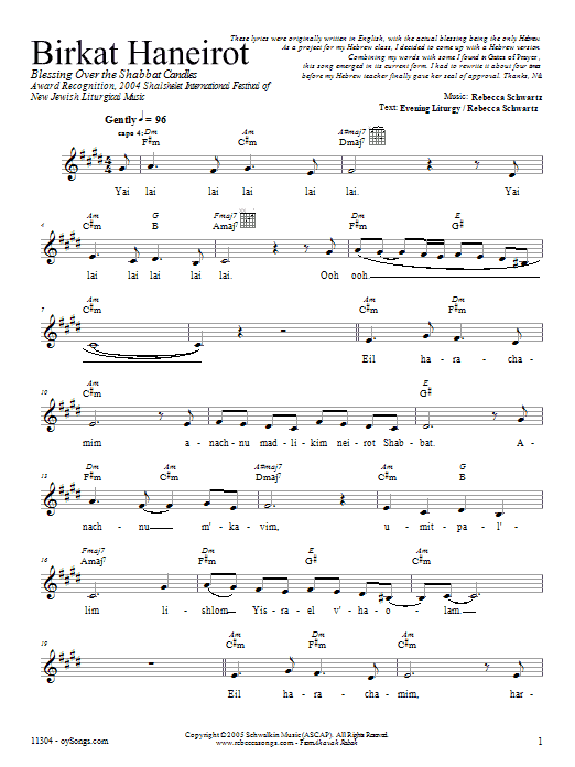 Rebecca Schwartz Birkat HaNeirot Sheet Music Notes & Chords for Melody Line, Lyrics & Chords - Download or Print PDF