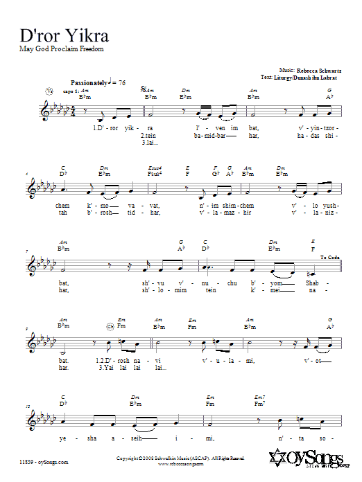 Rebecca Schwartz D'ror Yikra Sheet Music Notes & Chords for Melody Line, Lyrics & Chords - Download or Print PDF