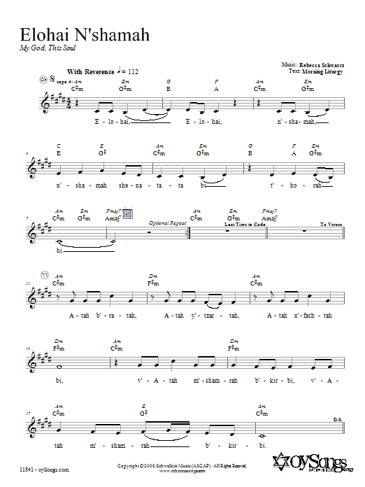 Rebecca Schwartz Elohai N'shamah Sheet Music Notes & Chords for Melody Line, Lyrics & Chords - Download or Print PDF