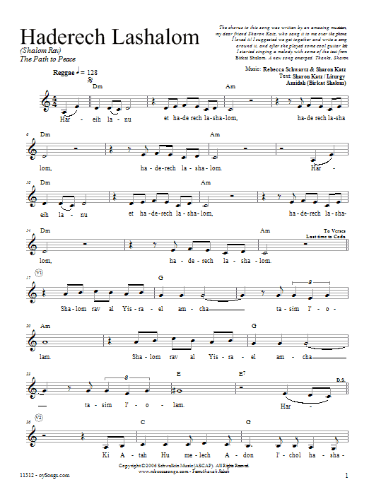 Rebecca Schwartz Haderech Lashalom Sheet Music Notes & Chords for Melody Line, Lyrics & Chords - Download or Print PDF