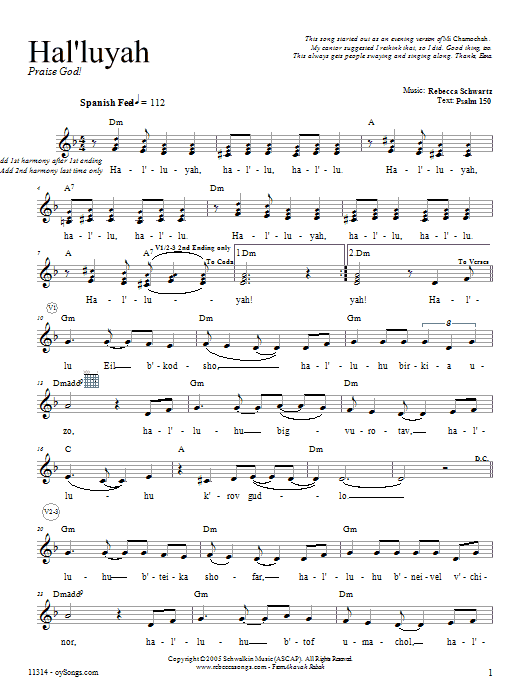 Rebecca Schwartz Hal'luyah Sheet Music Notes & Chords for Melody Line, Lyrics & Chords - Download or Print PDF