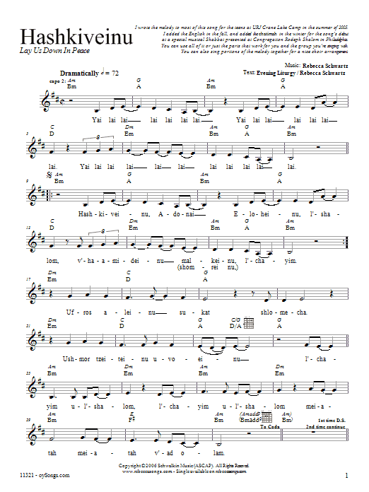 Rebecca Schwartz Hashkiveinu Sheet Music Notes & Chords for Melody Line, Lyrics & Chords - Download or Print PDF