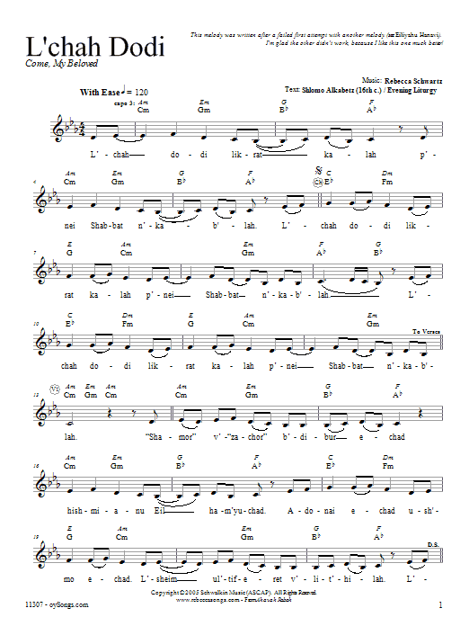 Rebecca Schwartz L'chah Dodi Sheet Music Notes & Chords for Melody Line, Lyrics & Chords - Download or Print PDF