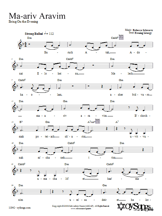 Rebecca Schwartz Ma-ariv Aravim Sheet Music Notes & Chords for Melody Line, Lyrics & Chords - Download or Print PDF