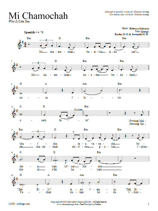 Rebecca Schwartz Mi Chamochah Sheet Music Notes & Chords for Melody Line, Lyrics & Chords - Download or Print PDF