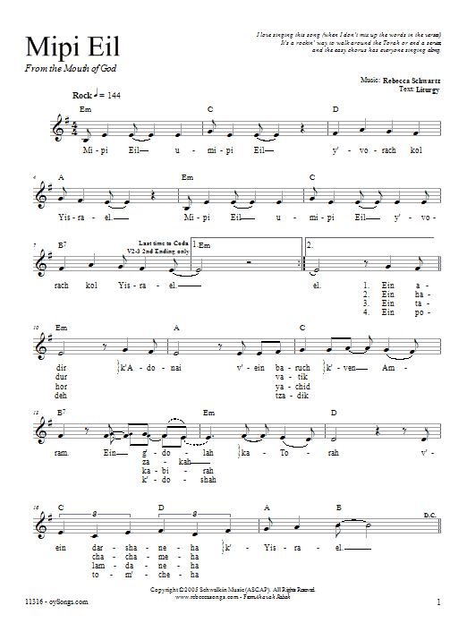 Rebecca Schwartz Mipi Eil Sheet Music Notes & Chords for Melody Line, Lyrics & Chords - Download or Print PDF