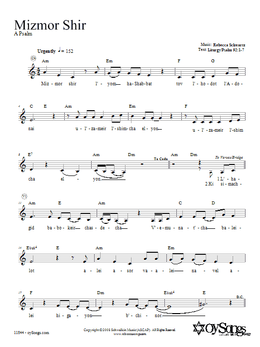 Rebecca Schwartz Mizmor Shir Sheet Music Notes & Chords for Melody Line, Lyrics & Chords - Download or Print PDF