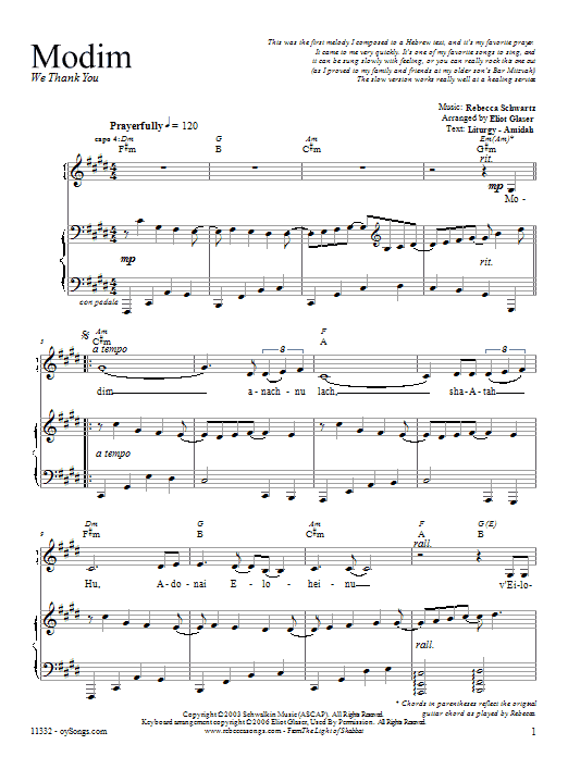 Rebecca Schwartz Modim Sheet Music Notes & Chords for Piano, Vocal & Guitar (Right-Hand Melody) - Download or Print PDF