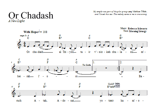 Rebecca Schwartz Or Chadash Sheet Music Notes & Chords for Melody Line, Lyrics & Chords - Download or Print PDF
