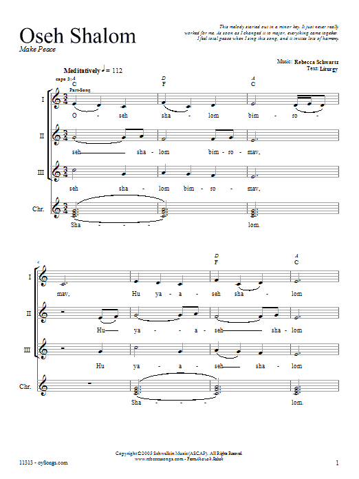 Rebecca Schwartz Oseh Shalom Sheet Music Notes & Chords for Melody Line, Lyrics & Chords - Download or Print PDF