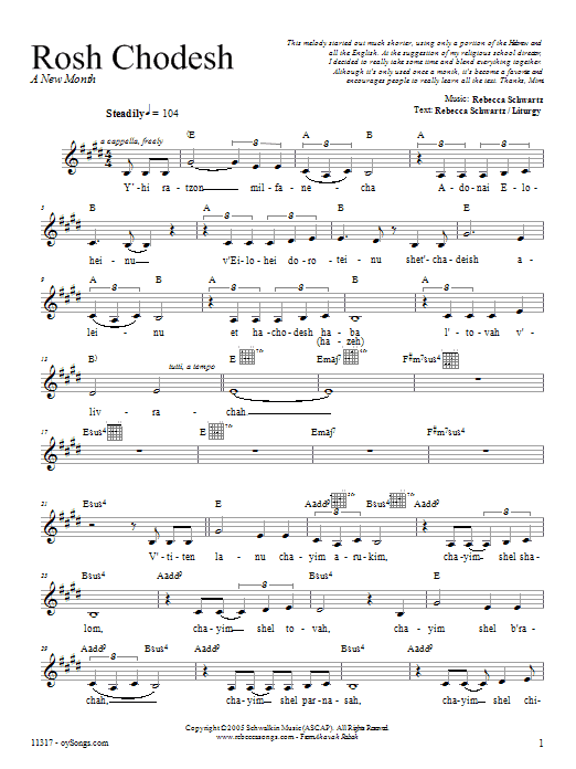 Rebecca Schwartz Rosh Chodesh Sheet Music Notes & Chords for Melody Line, Lyrics & Chords - Download or Print PDF