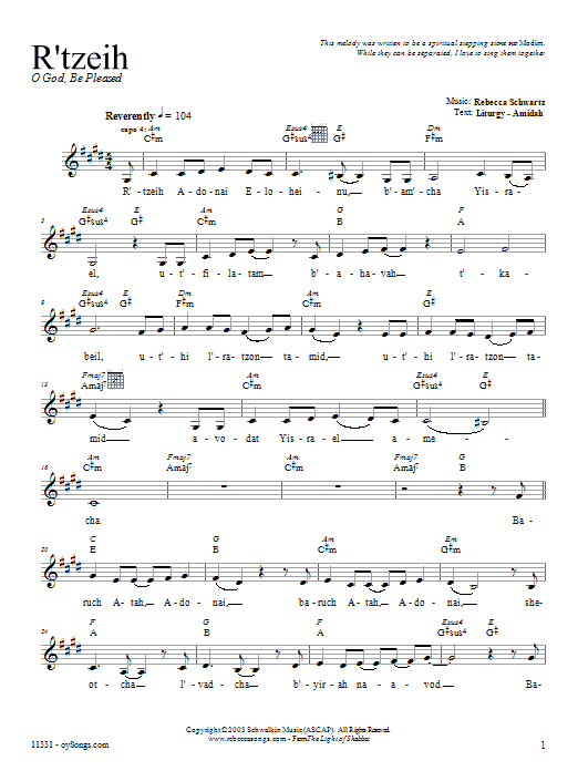 Rebecca Schwartz R'tzeih Sheet Music Notes & Chords for Melody Line, Lyrics & Chords - Download or Print PDF