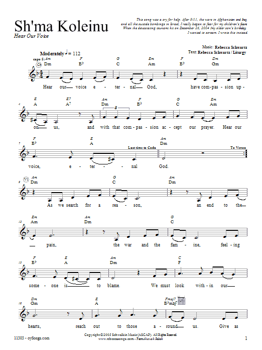 Rebecca Schwartz Sh'ma Koleinu Sheet Music Notes & Chords for Melody Line, Lyrics & Chords - Download or Print PDF