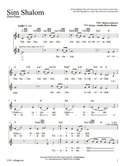 Rebecca Schwartz Sim Shalom Sheet Music Notes & Chords for Melody Line, Lyrics & Chords - Download or Print PDF