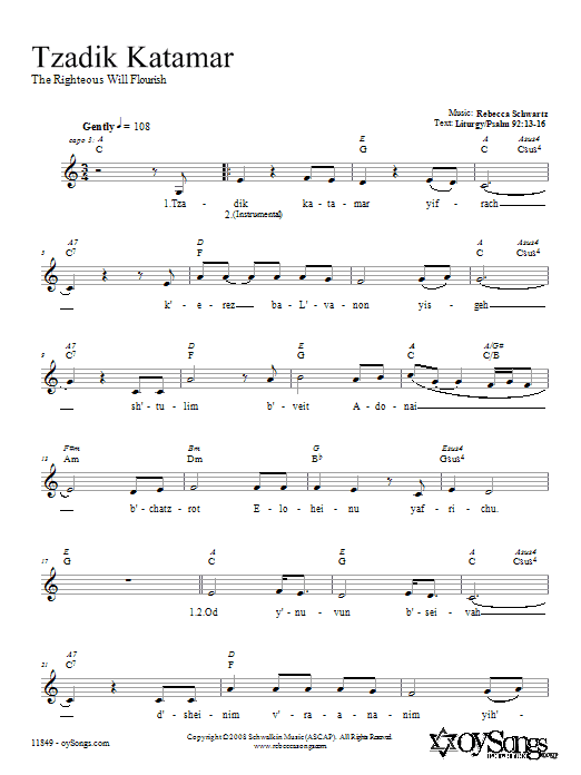 Rebecca Schwartz Tzadik Katamar Sheet Music Notes & Chords for Melody Line, Lyrics & Chords - Download or Print PDF