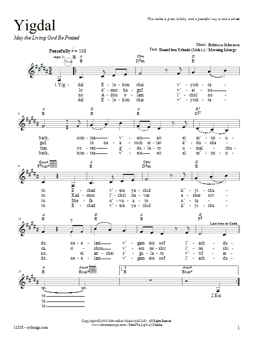 Rebecca Schwartz Yigdal Sheet Music Notes & Chords for Melody Line, Lyrics & Chords - Download or Print PDF