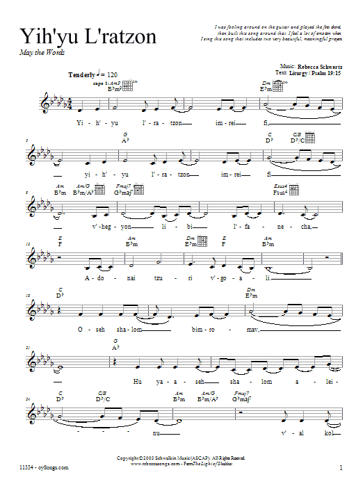 Rebecca Schwartz Yih'yu L'ratzon Sheet Music Notes & Chords for Melody Line, Lyrics & Chords - Download or Print PDF
