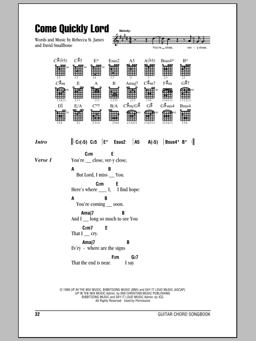 Rebecca St. James Come Quickly Lord Sheet Music Notes & Chords for Lyrics & Chords - Download or Print PDF