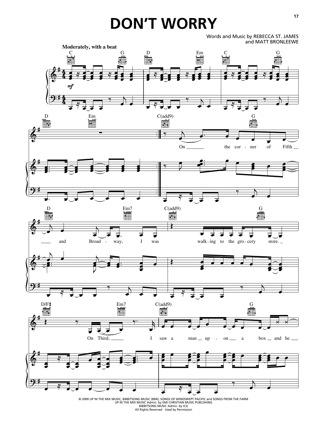 Rebecca St. James Don't Worry Sheet Music Notes & Chords for Piano, Vocal & Guitar Chords (Right-Hand Melody) - Download or Print PDF