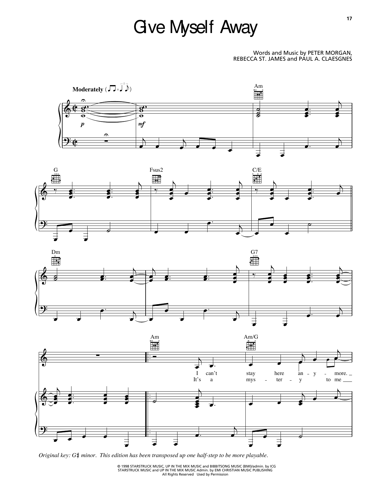 Rebecca St. James Give Myself Away Sheet Music Notes & Chords for Piano, Vocal & Guitar Chords (Right-Hand Melody) - Download or Print PDF