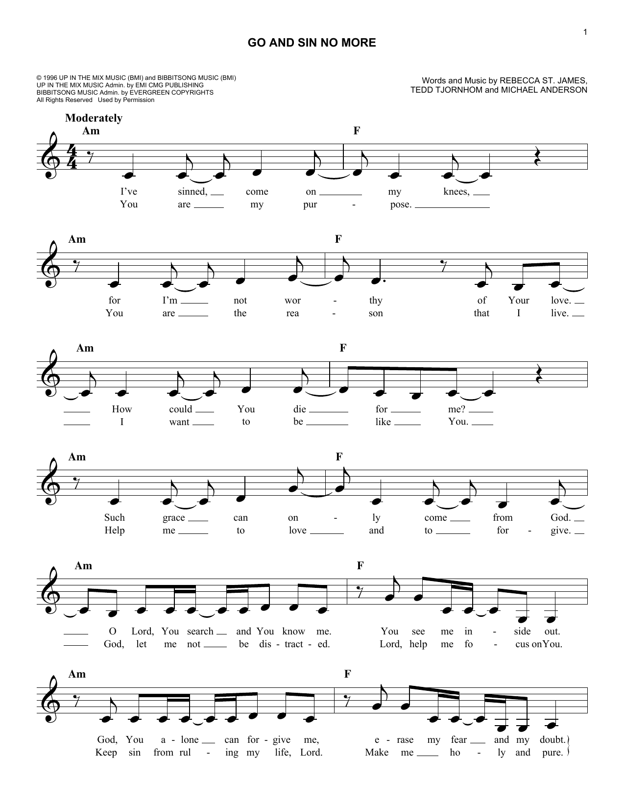 Rebecca St. James Go And Sin No More Sheet Music Notes & Chords for Melody Line, Lyrics & Chords - Download or Print PDF