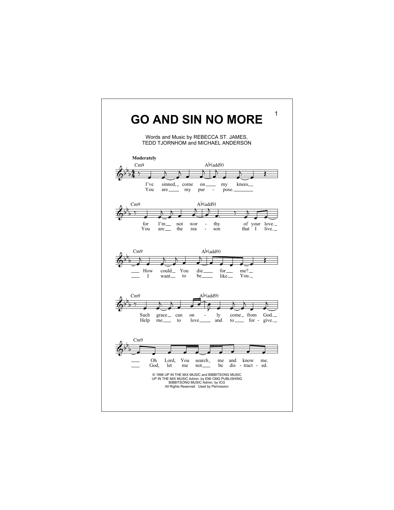 Rebecca St. James Go And Sin No More Sheet Music Notes & Chords for Melody Line, Lyrics & Chords - Download or Print PDF