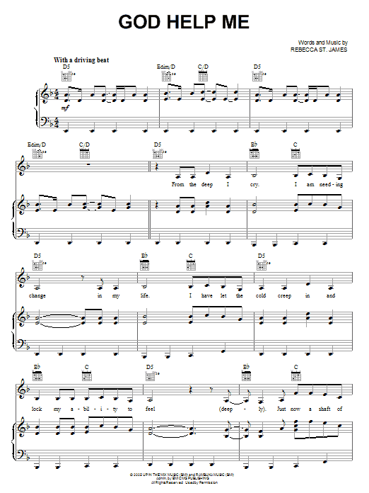 Rebecca St. James God Help Me Sheet Music Notes & Chords for Piano, Vocal & Guitar (Right-Hand Melody) - Download or Print PDF Rebecca St. James God Help Me Sheet Music Notes & Chords for Piano, Vocal & Guitar (Right-Hand Melody) - Download or Print PDF