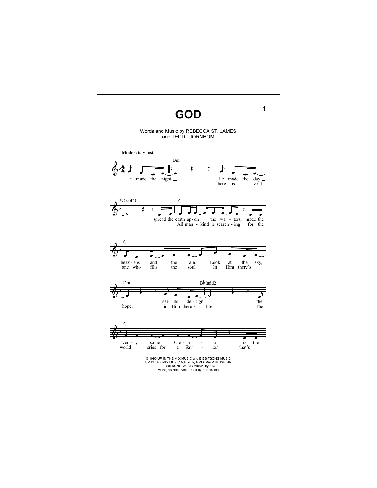 Rebecca St. James God Sheet Music Notes & Chords for Piano, Vocal & Guitar Chords (Right-Hand Melody) - Download or Print PDF