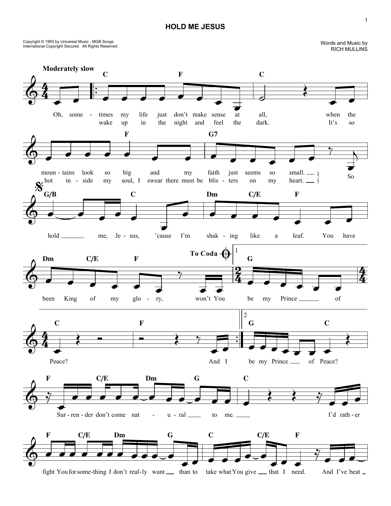 Rebecca St. James Hold Me Jesus Sheet Music Notes & Chords for Melody Line, Lyrics & Chords - Download or Print PDF