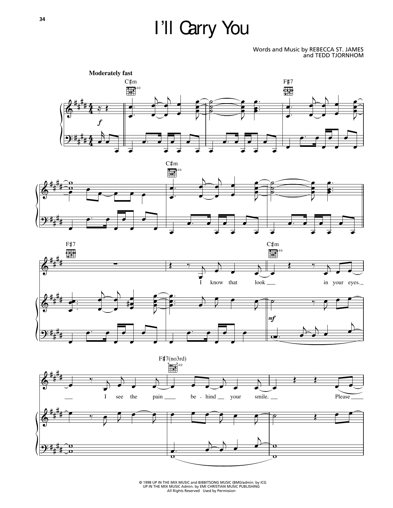 Rebecca St. James I'll Carry You Sheet Music Notes & Chords for Piano, Vocal & Guitar Chords (Right-Hand Melody) - Download or Print PDF