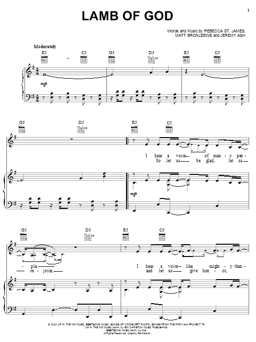 Rebecca St. James Lamb Of God Sheet Music Notes & Chords for Piano, Vocal & Guitar (Right-Hand Melody) - Download or Print PDF