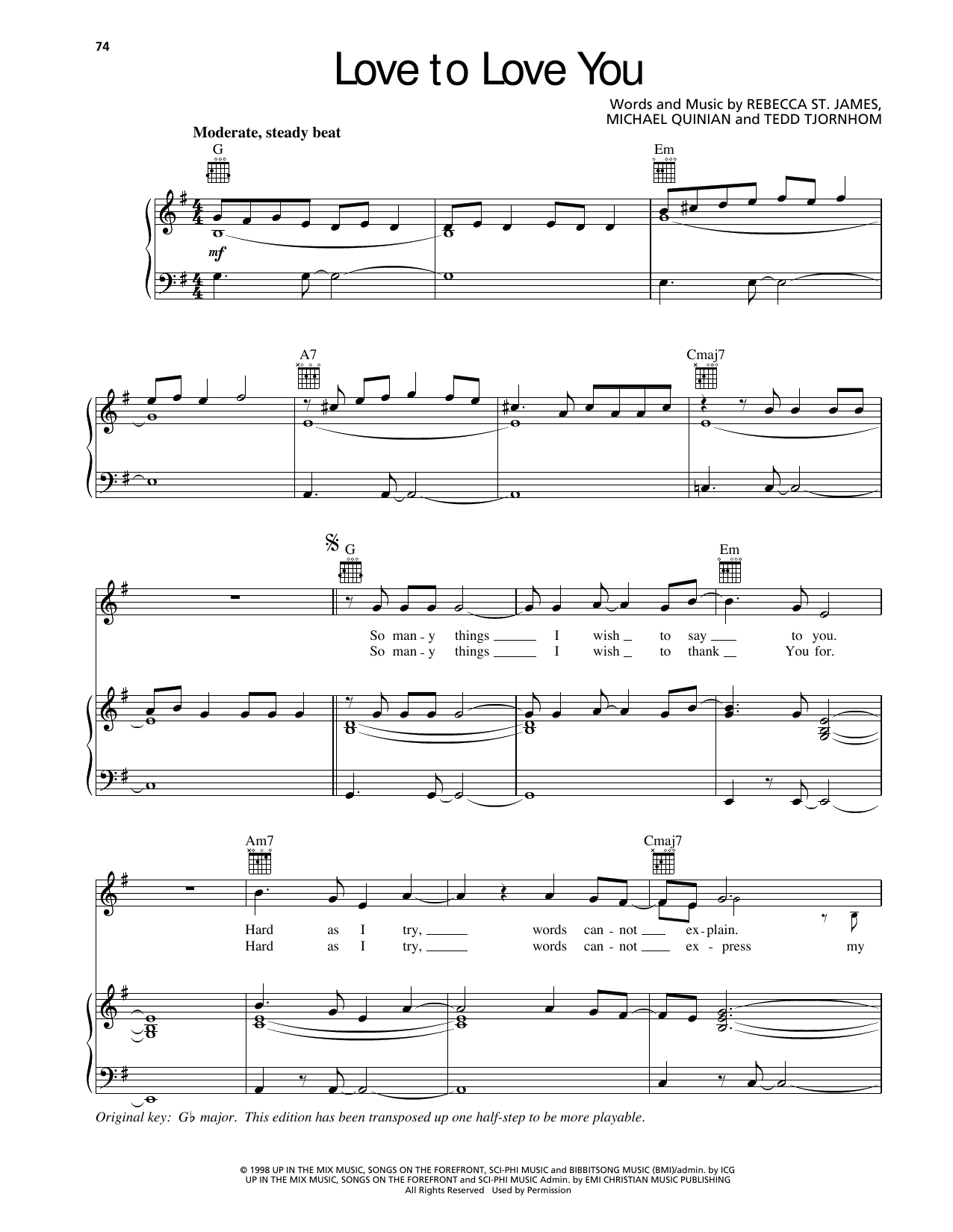 Rebecca St. James Love To Love You Sheet Music Notes & Chords for Piano, Vocal & Guitar Chords (Right-Hand Melody) - Download or Print PDF
