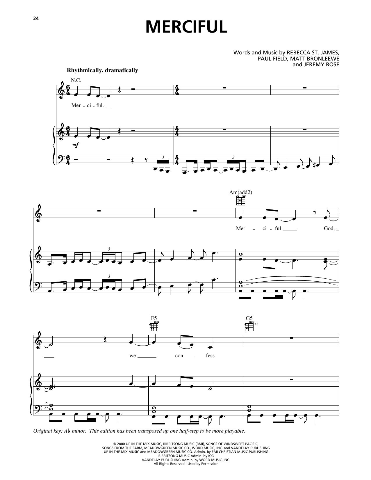 Rebecca St. James Merciful Sheet Music Notes & Chords for Piano, Vocal & Guitar Chords (Right-Hand Melody) - Download or Print PDF