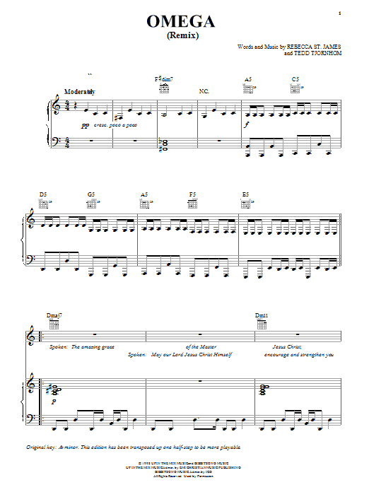 Rebecca St. James Omega (Remix) Sheet Music Notes & Chords for Piano, Vocal & Guitar (Right-Hand Melody) - Download or Print PDF
