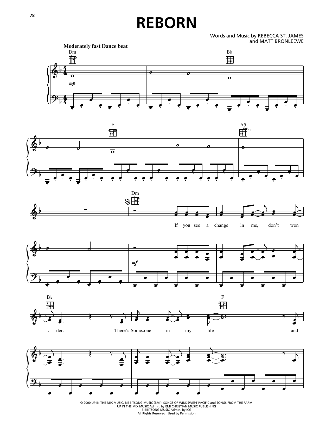 Rebecca St. James Reborn Sheet Music Notes & Chords for Piano, Vocal & Guitar Chords (Right-Hand Melody) - Download or Print PDF